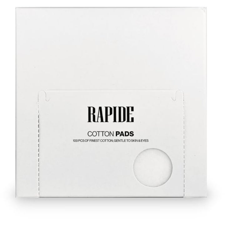 Rapide Cotton Pads 100 stk skånsomme bomullspads i hvit pappeske med sirkulært vindu som viser innholdet