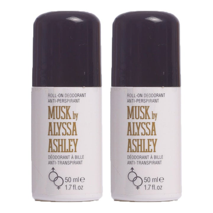 Alyssa Ashley Musk Roll-On Deodorant 2x50 ml mot svette i hvite flasker med sorte korker