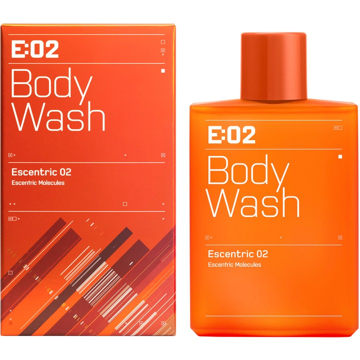 Escentric Molecules Escentric 02 200 ml oppfriskende dusjsåpe i oransje flaske og eske med hvit tekst