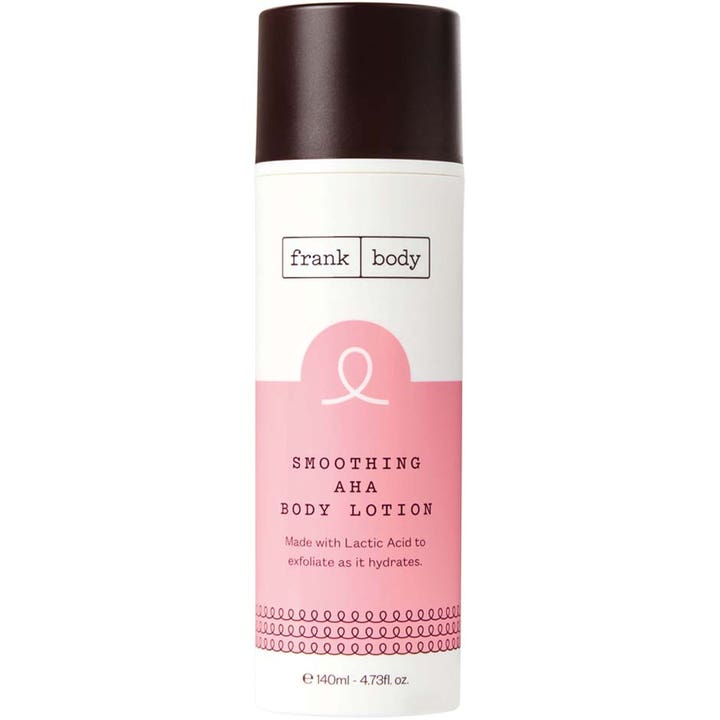 Frank Body Smoothing AHA Body Lotion 140 ml eksfolierende bodylotion i hvit flaske med brunt lokk og rosa detaljer