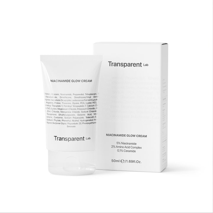 Niche Beauty Lab Transparent Lab Niacinamide Glow Cream 50 ml glødgivende ansiktskrem i hvit tube og hvit ytteremballasje