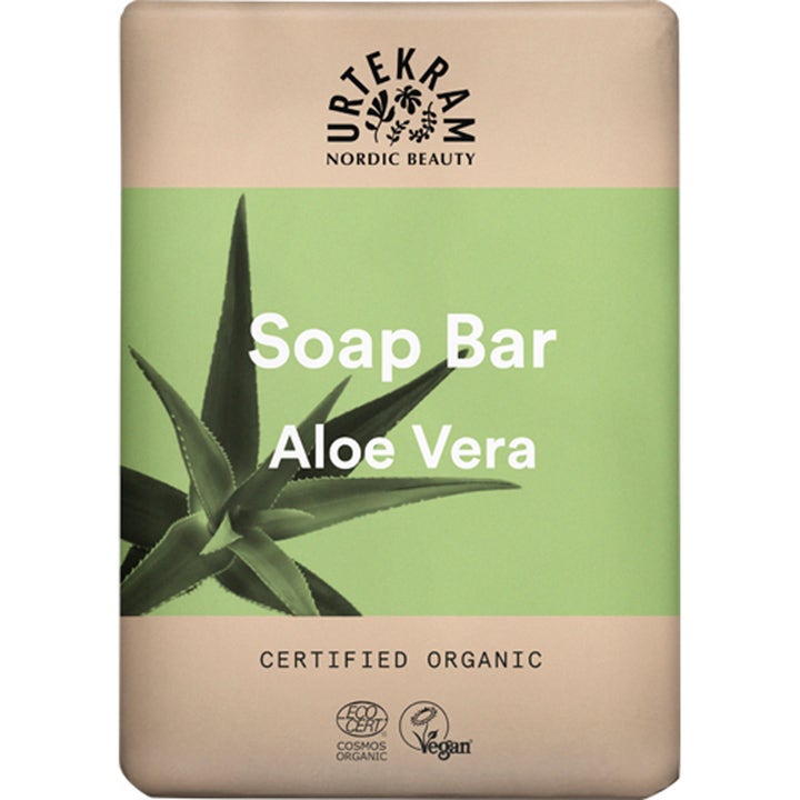 Urtekram Soap Bar Aloe Vera 100g pleiende fast såpe i beige og grønn papiremballasje med aloe vera-plante.