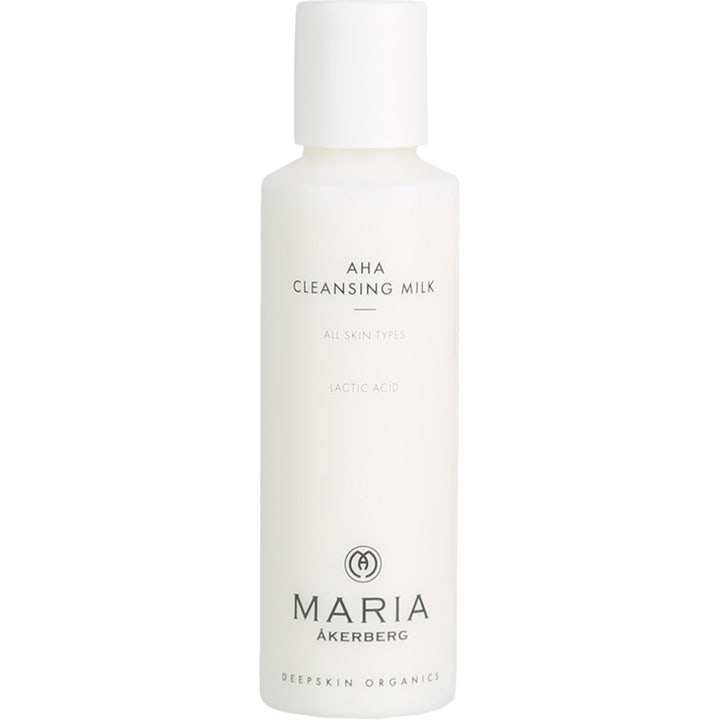Maria Åkerberg AHA Cleansing Milk eksfolierende ansiktsrens med melkesyre i hvit plastflaske med hvit kork