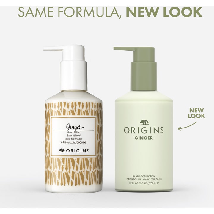 Origins Ginger Hand & Body Lotion 200 ml viser gammelt og nytt flaskedesign med grønn pumpe.