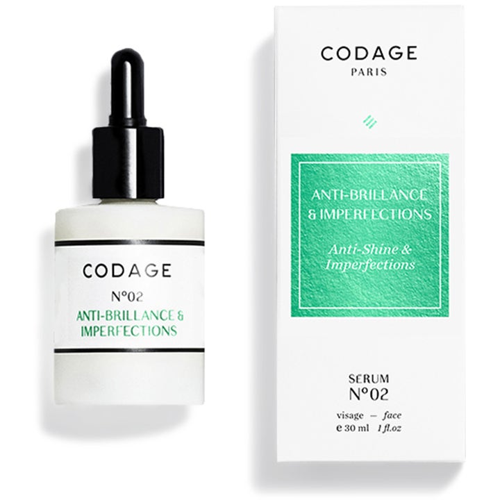 Codage N°02 Anti-Brillance & Imperfections 30 ml mattende serum i hvit glassflaske med pipette og hvit eske med grønt felt