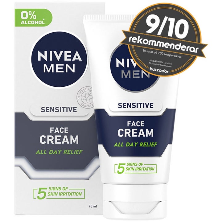 NIVEA MEN Sensitive Face Cream 75 ml beroligende ansiktskrem i hvit tube med Buzzador-merke og 0% alkohol