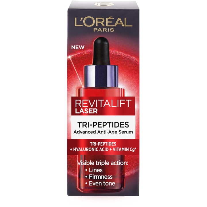 L'Oréal Paris Revitalift Laser Tri-Peptides 30 ml anti-age serum i eske med hyaluronsyre som gir jevnere hudtone