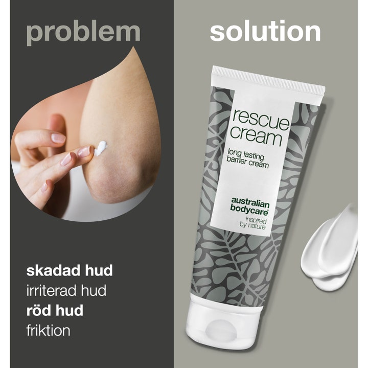 Australian Bodycare Rescue Cream 100 ml barrierekrem mot rød og irritert hud vist ved påføring på en albue.
