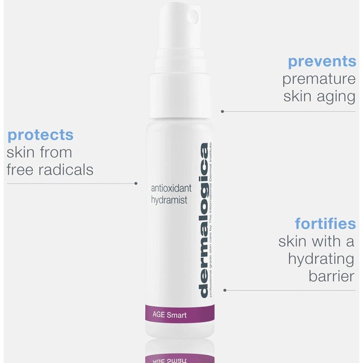 Dermalogica Antioxidant Hydramist 30 ml fuktighetsgivende ansiktsspray i hvit flaske som beskytter mot frie radikaler.