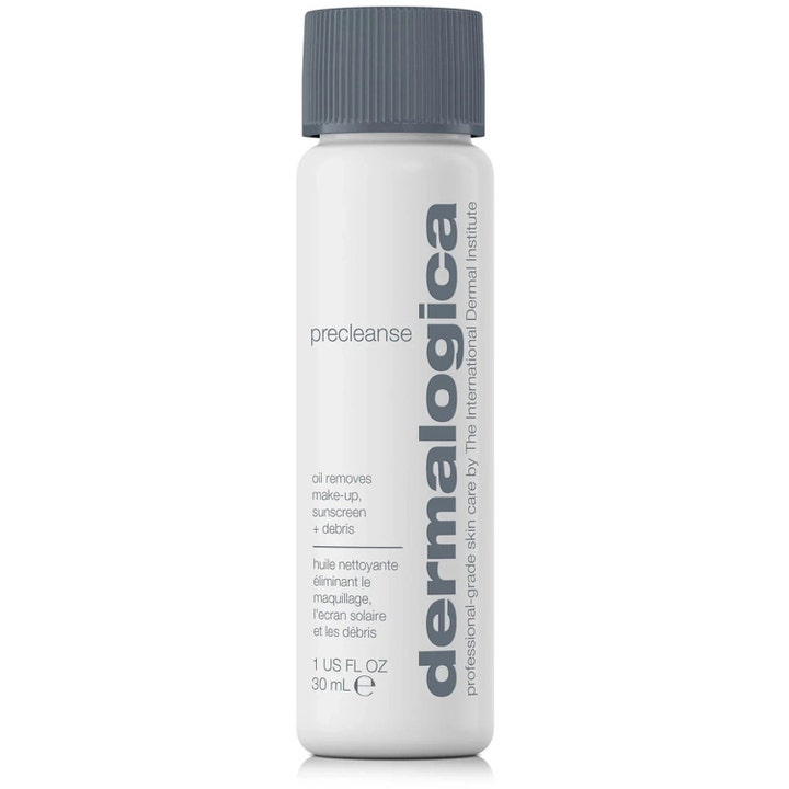 Dermalogica Precleanse 30 ml renseolje som fjerner sminke i en hvit plastflaske med grått rillet lokk.