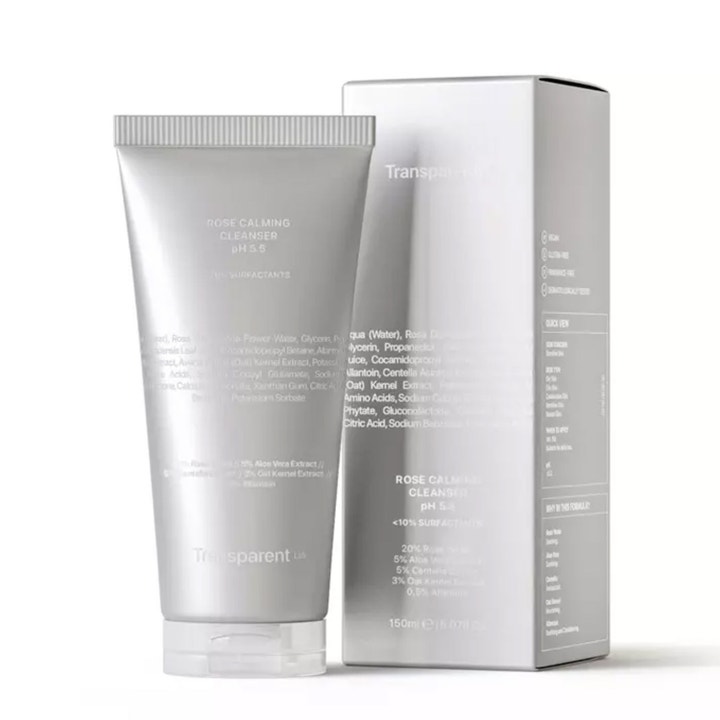 Niche Beauty Lab Transparent Lab Rose Calming Cleanser 150 ml beroligende ansiktsrens pH 5.5 i sølvfarget tube og eske