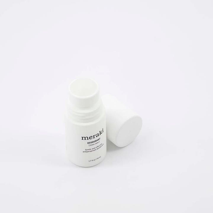 Meraki Deodorant Linen Dew 50 ml skånsom og effektiv antiperspirant i hvit roll-on flaske med avskrudd lokk