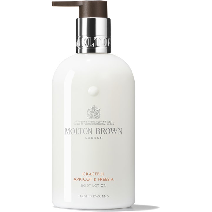 Molton Brown Graceful Apricot & Freesia 300 ml fuktighetsgivende body lotion i hvit flaske med sølvfarget pumpe