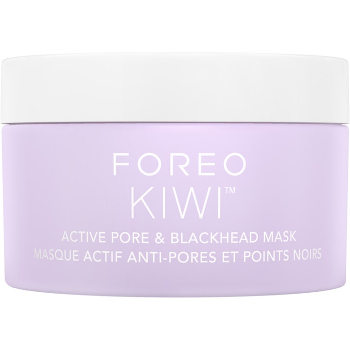 FOREO KIWI Active Pore & Blackhead Mask 100 g ansiktsmaske mot hudormer i en lys lilla krukke med hvitt lokk.