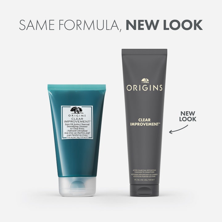 Origins Clear Improvement Active Charcoal Cleanser 150 ml ansiktsrens viser nytt grått design og gammel forpakning