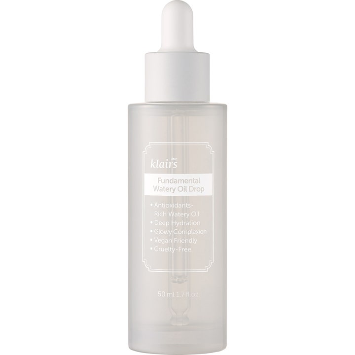 Klairs Fundamental Watery Oil Drop 50 ml ansiktsserum gir fuktighet og glød i frostet glassflaske med hvit pipette