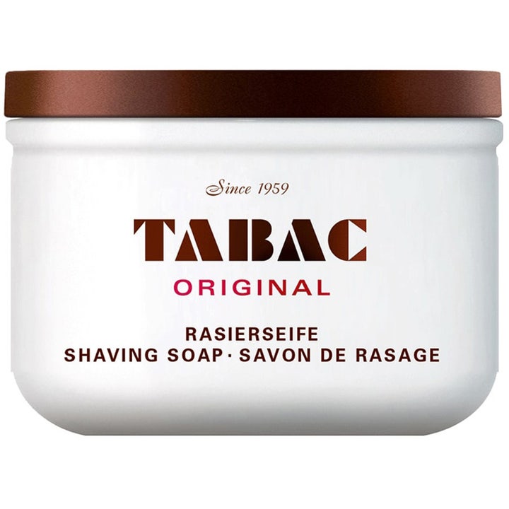 Tabac Original Shaving Soap 125g barbersåpe som gir et kremet skum i hvit krukke med brunt lokk.