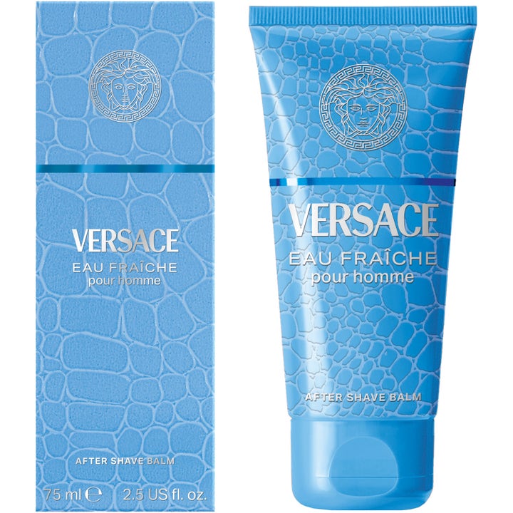 Versace Eau Fraiche After Shave Balm 75 ml beroligende aftershave i lyseblå tube og eske med krokodillemønster.