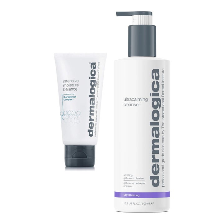 Dermalogica Ultracalming Cleanser 500 ml og Intensive Moisture Balance i hvit pumpeflaske og tube.