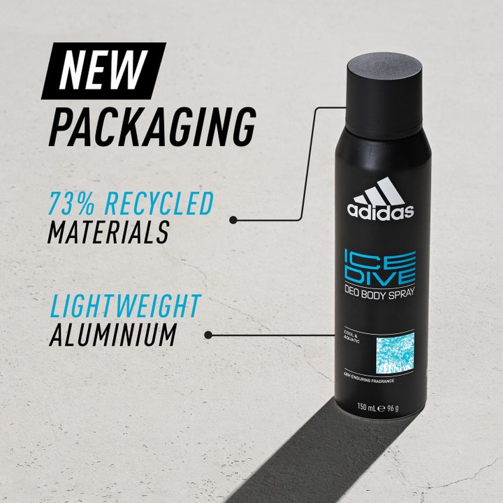 Adidas Ice Dive For Him Deodorant Spray 150 ml i lett aluminiumsflaske laget av 73 prosent resirkulert materiale.
