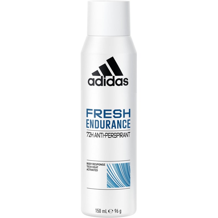 Adidas Fresh Endurance 150 ml antiperspirant spray gir langvarig beskyttelse i hvit sprayflaske med blå detaljer.