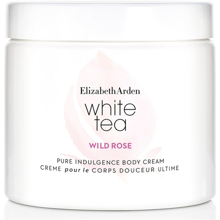 Elizabeth Arden White Tea Wild Rose Body Cream 400 ml mykgjørende kroppskrem i hvit krukke med rosa roseblad