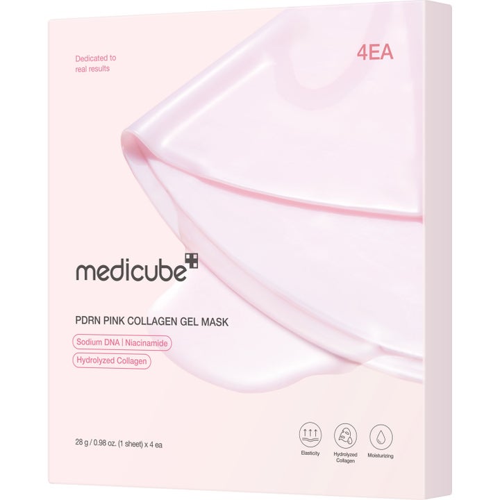 Medicube PDRN Pink Collagen Gel Mask 4 stk fuktighetsgivende ansiktsmaske i lyserosa eske med bilde av gelmaske