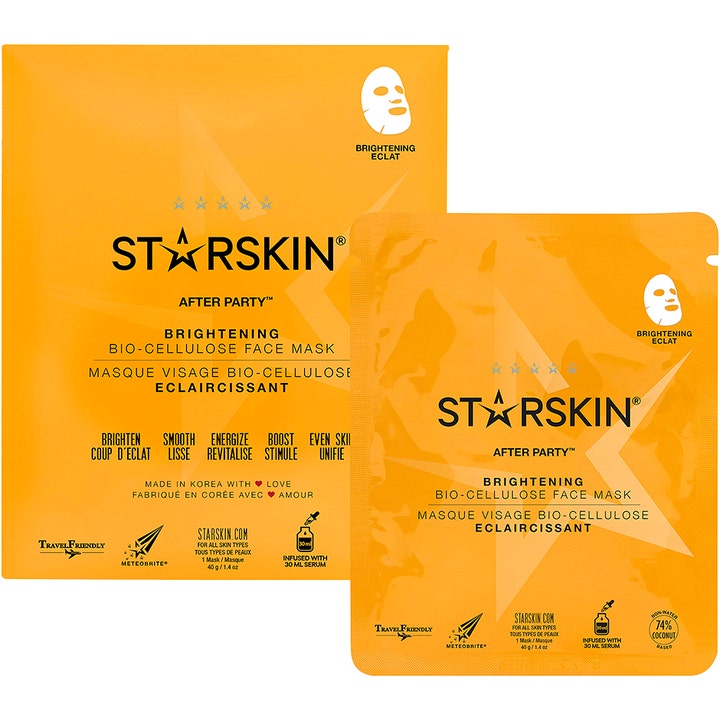 Starskin After Party 40 g lysnende sheet mask i gul innpakning som gir huden ny glød og energi