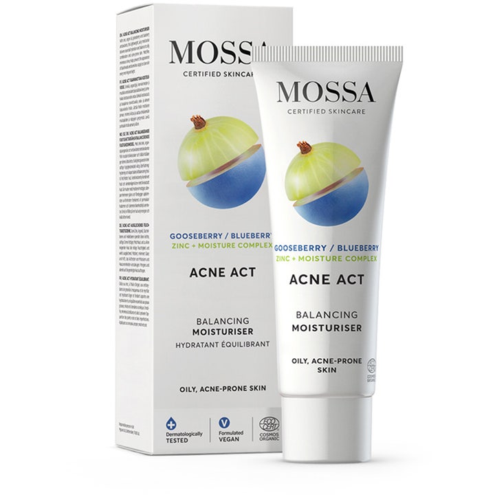 MOSSA ACNE ACT Balancing Moisturiser 50 ml balanserende dagkrem med sink i hvit tube og eske med bærillustrasjon.