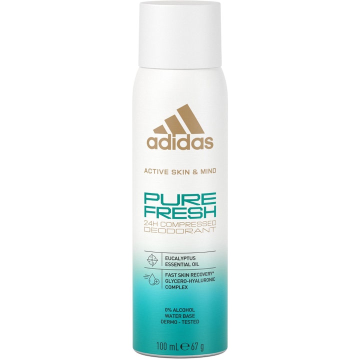 Adidas Active Skin & Mind Pure Fresh 100 ml deodorant spray med eukalyptus i hvit flaske med blågrønn bunn