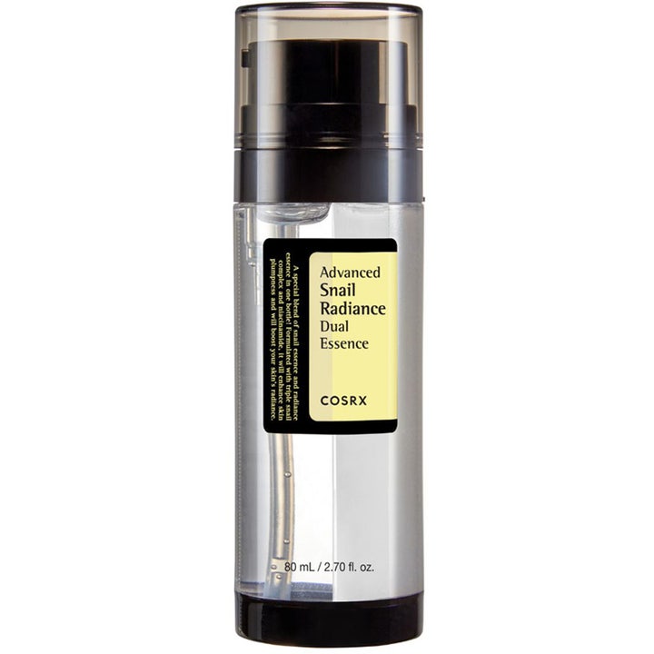 COSRX Advanced Snail Radiance Dual Essence 80 ml glødgivende snegleessens i gjennomsiktig pumpeflaske med to kamre