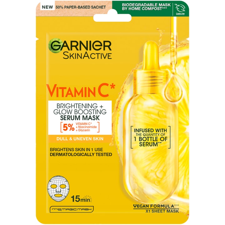 Garnier SkinActive Vitamin C Sheet Mask 28 g glødgivende ansiktsmaske i gul pose med bilde av serumflaske og sitrus.