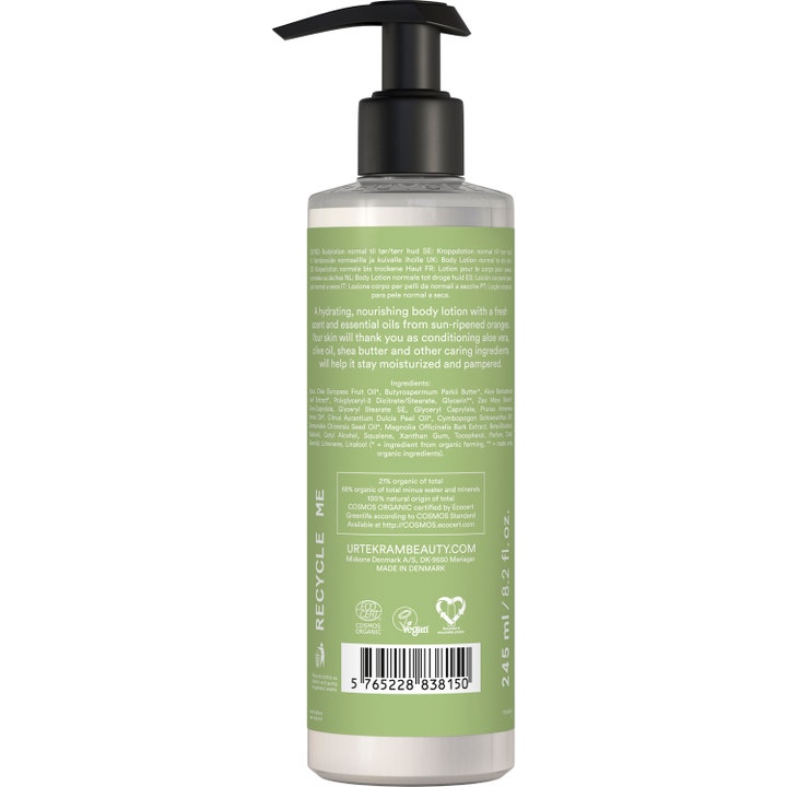 Urtekram Aloe Vera Body Lotion 245 ml fuktighetsgivende kroppspleie i pumpeflaske som viser ingredienser og vegansk merke