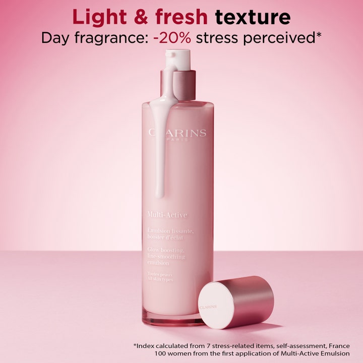 Clarins Multi-Active Glow Boosting Emulsion 100 ml utjevnende dagkrem i rosa pumpeflaske med lett og frisk tekstur