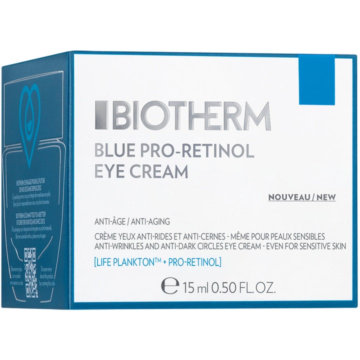 Biotherm Blue Pro-Retinol Eye Cream 15 ml anti-aging øyekrem i hvit og blå eske som reduserer mørke ringer