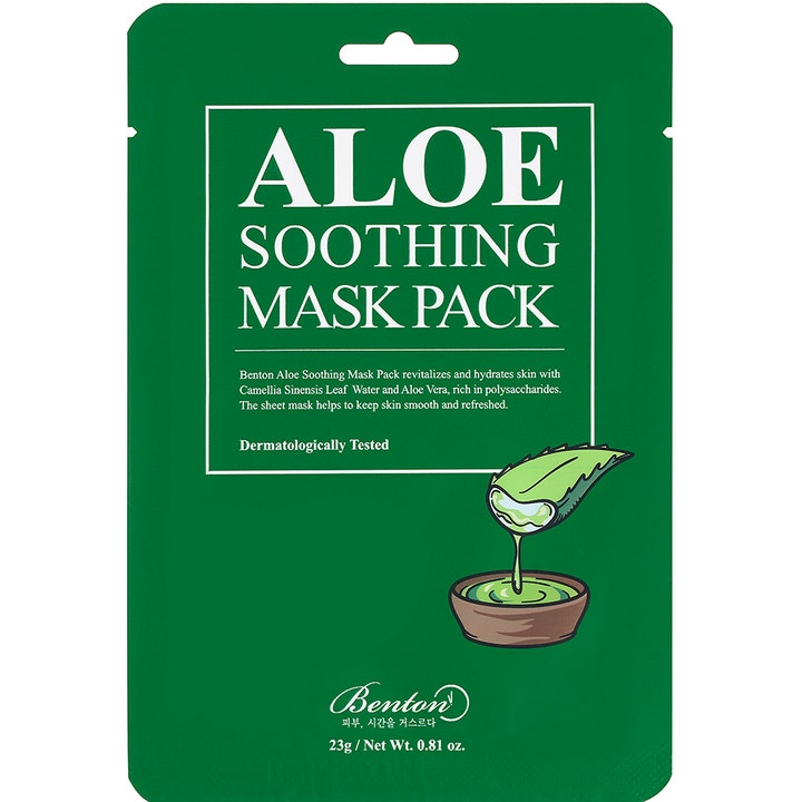 Benton Aloe Soothing Mask Pack 23g beroligende ansiktsmaske i grønn sachet med illustrasjon av aloe vera-blad
