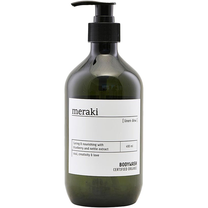 Meraki Linen Dew 490 ml pleiende kroppssåpe i en mørkegrønn flaske med sort pumpe og hvit minimalistisk etikett