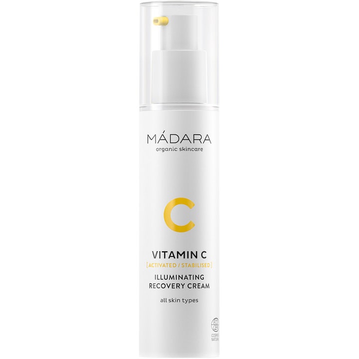 Mádara Vitamin C Illuminating Recovery Cream 50 ml ansiktskrem i hvit pumpeflaske som gir glød