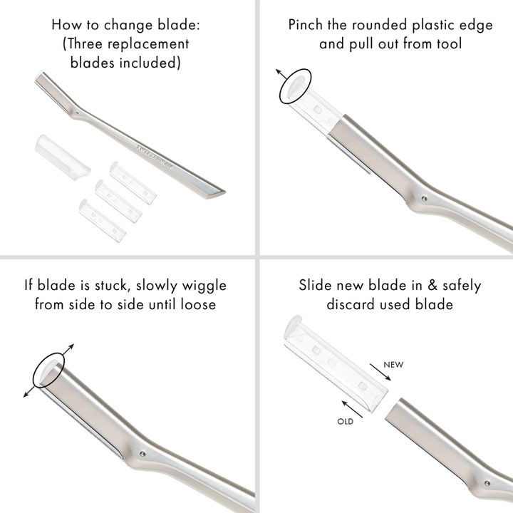 Tweezerman Facial Razor Replacement Blades 3-pakning med instruksjoner for sikkert bytte av barberblad.