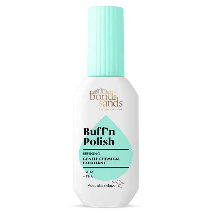 Bondi Sands Buff'n Polish 30ml kjemisk eksfoliering med AHA og PHA gir glød i hvit flaske med mintgrønn kork