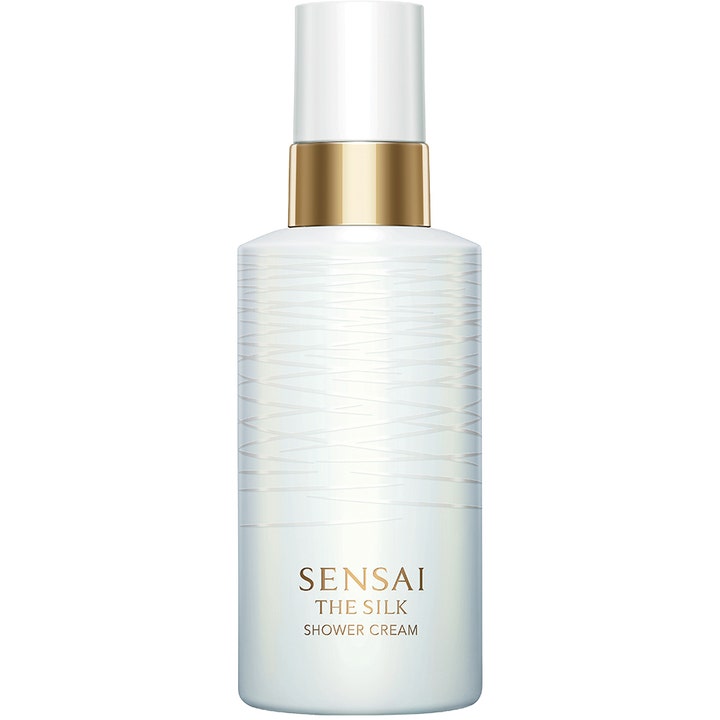Sensai The Silk Shower Cream fuktighetsgivende dusjkrem i hvit flaske med gullring og bølgemønster