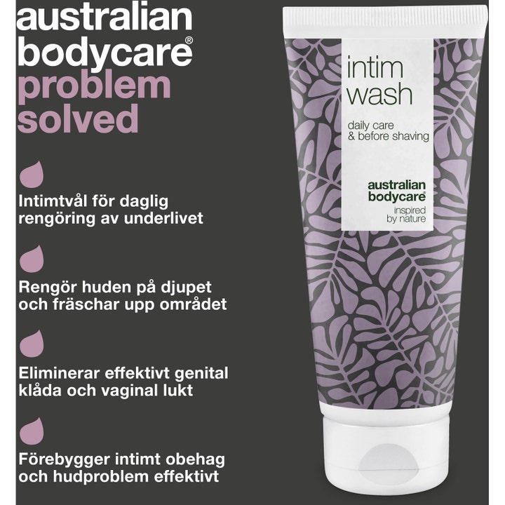 Australian Bodycare Intim Wash 200 ml mot lukt og kløe i lilla tube med grafisk bladmønster og hvit kork
