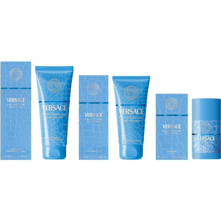 Versace Eau Fraiche after shave balm 75 ml og matchende hudpleie i lyseblå pakninger med teksturert mønster
