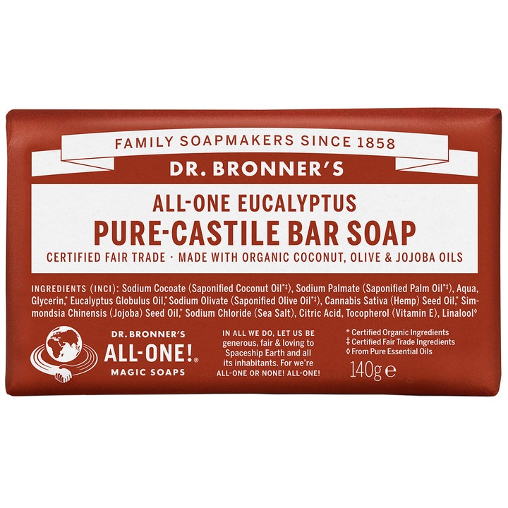 Dr. Bronner's Eucalyptus Pure-Castile Bar Soap 140g i rød papiremballasje som renser og frisker opp huden.