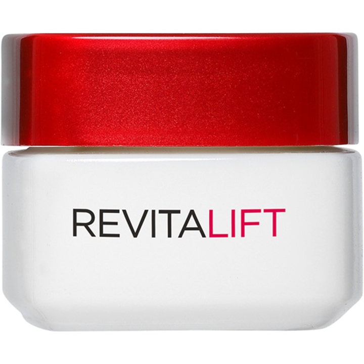 L'Oréal Paris Revitalift 50 ml oppstrammende ansiktskrem i hvit krukke med et glansfullt rødt lokk.