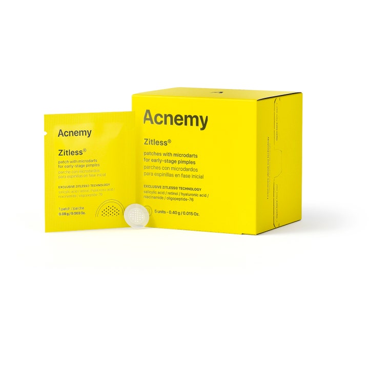 Niche Beauty Lab Acnemy Zitless 5 patches spot treatment mot kviser i gul eske med en gjennomsiktig mikrodart-patch