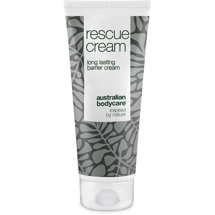 Australian Bodycare Rescue Cream beskyttende barrierekrem i hvit tube med grått bladmønster og hvitt lokk