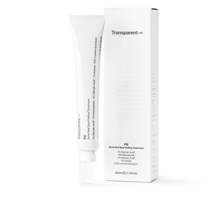 Transparent Lab P.I.E Acne Red Spot Fading Treatment 30 ml i hvit tube og eske med glykolsyre og niacinamid.