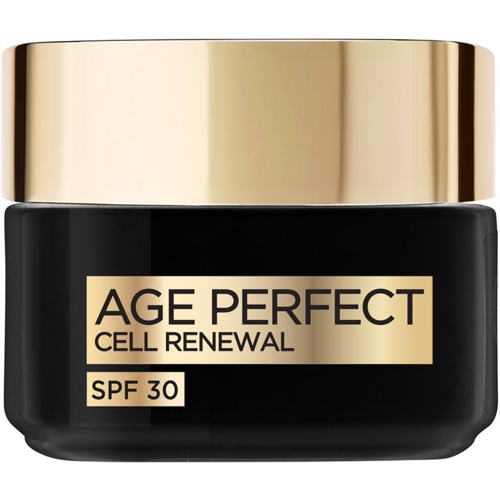 L'Oréal Paris Age Perfect Cell Renewal 50ml ansiktskrem med SPF 30 i en elegant svart glasskrukke med gullfarget lokk