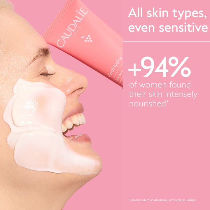 Caudalie Vinohydra Mask 75 ml fuktmaske påføres i ansiktet for intensiv pleie og næring til alle hudtyper
